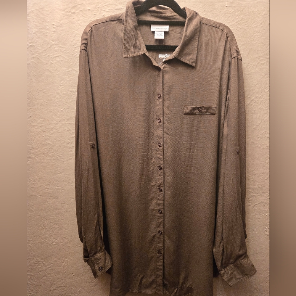 Soft Surroundings Silk-Feel Rayon Oversized Button Down Blouse Taupe Minimalist